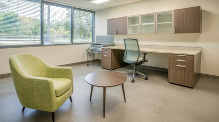 Modern Office Space with Green Chair and Minimalist Design Elements