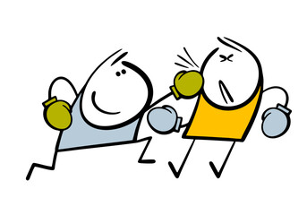 Boxing competition, a stickman in the ring punches an opponent in the face. Vector illustration of strong men fighting in boxing gloves. Isolated cartoon man on white background.