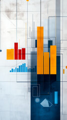 Fototapeta premium Abstract geometric design featuring colorful bar graphs and lines, symbolizing data visualization and analysis.
