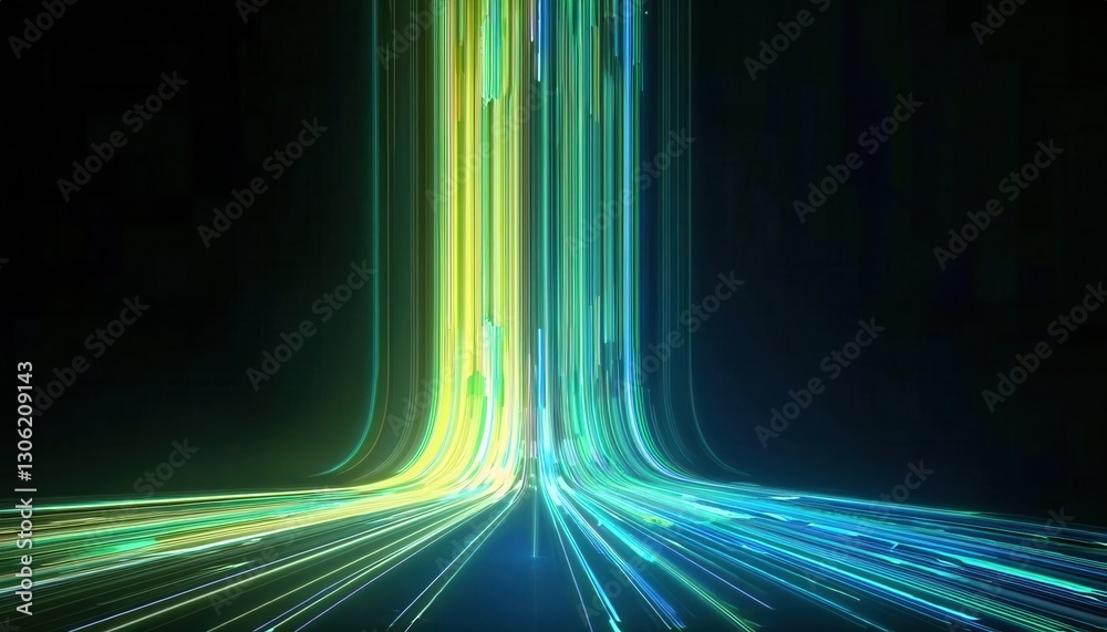Poster futuristic neon light streaks in digital vortex, glowing data streams forming curved energy paths on dark background

