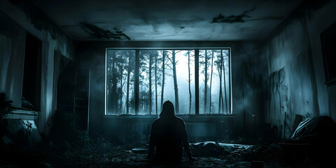 Fototapeta premium Dark Silhouette Of A Man Standing By A Window Abstract Illustration