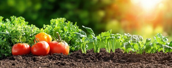 A vibrant garden scene featuring fresh tomatoes and leafy greens basking in sunlight, showcasing the beauty of nature and homegrown produce.