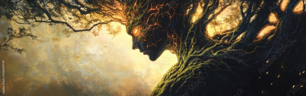 Poster Mystical profile of a man intertwined with nature capturing the essence of tranquility and harmony at dawn