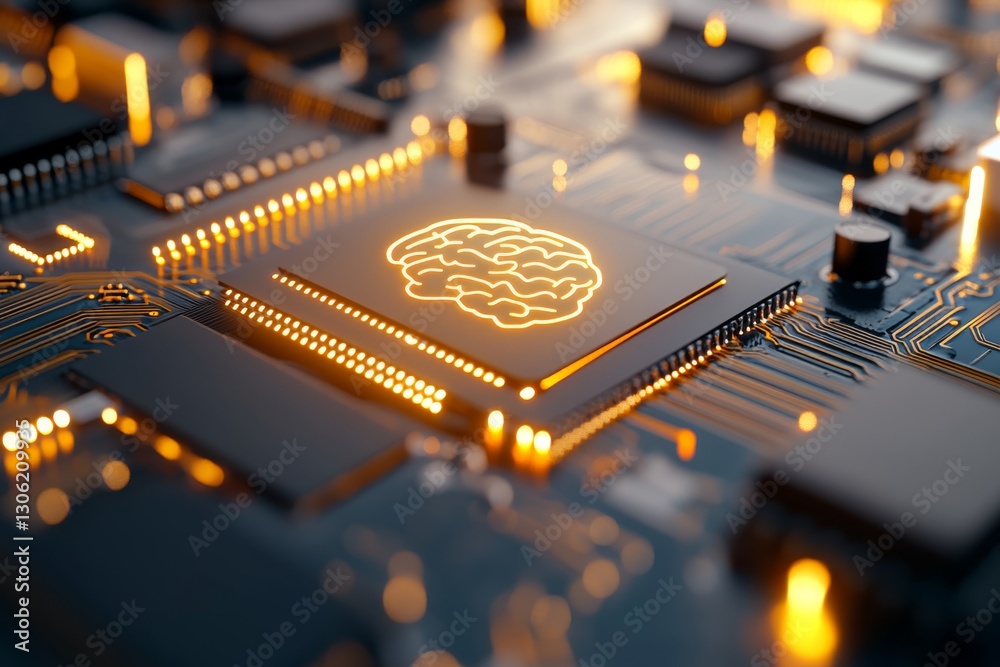 Poster Glowing circuit board showcases a digital interface with a pulsating holographic human brain icon, focusing on advanced AI technology and leaving room for text