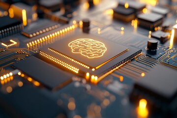 Glowing circuit board showcases a digital interface with a pulsating holographic human brain icon, focusing on advanced AI technology and leaving room for text