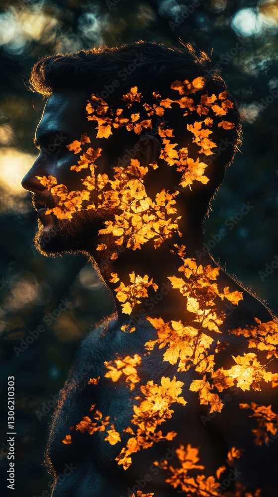 Leinwandbilder man illuminated with glowing autumn leaves in a tranquil natural setting during twilight hours