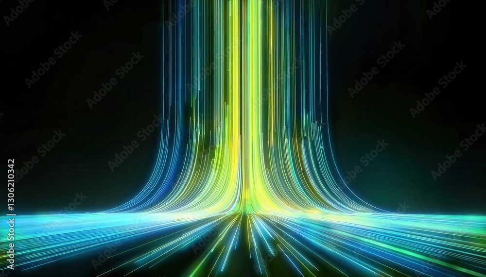 Poster futuristic neon light streaks in digital vortex, glowing data streams forming curved energy paths on