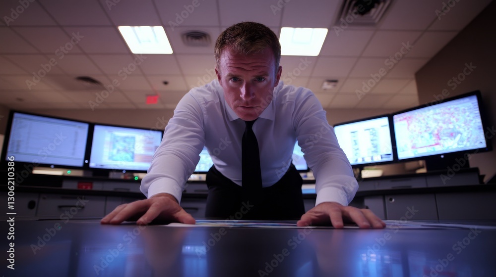Aufkleber a businessman leans toward his desk in a dimly lit office, focused on dynamic maps and analytical da