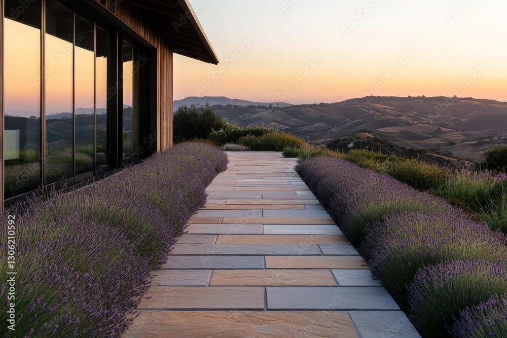 Poster a low-angle view captures a stone pathway lined with blooming lavender bushes, guiding towards a gla