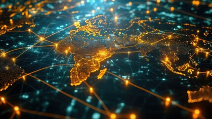 A highly detailed logistics network map with glowing routes connecting major global hubs, illustrating the reach of international supply chains