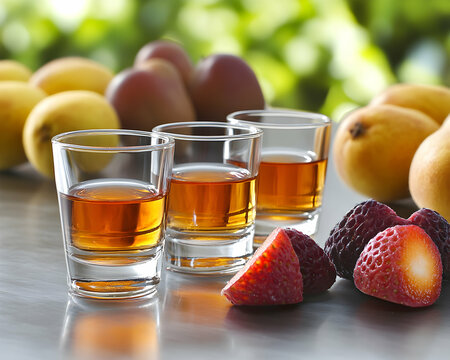 Elegant shot glasses filled with palinka surrounded by fresh fruits