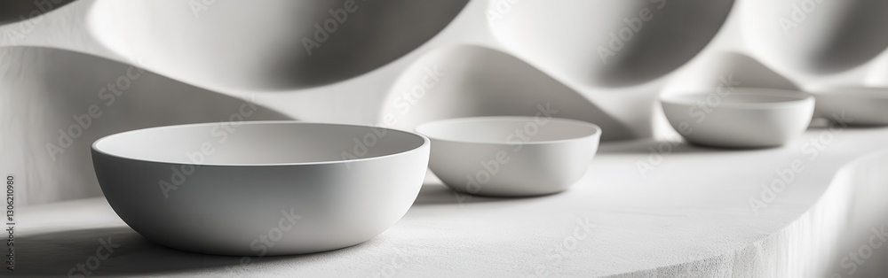 Poster elegant monochromatic table setting featuring minimalist bowls in pastel gray with textured backdrop