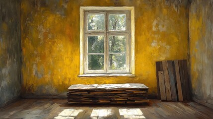 Golden light bathes aged room window sunlight illuminates weathered walls rustic wood planks. AI Generated