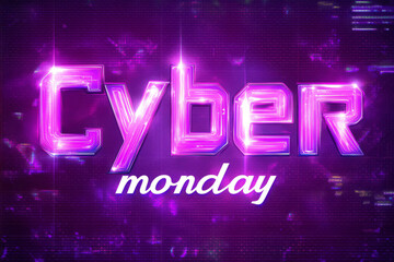 Obraz premium Cyber Monday neon text with purple glow and digital background