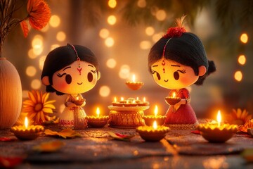 A pixel art depiction of a Diwali celebration, with animated fireworks, glowing diyas, and tiny characters performing Lakshmi Puja in a vibrant, nostalgic style