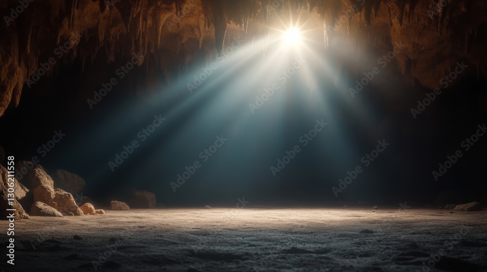 Poster a shadowy cave interior reveals jagged rocks and faint light beams streaming through the ceiling cra