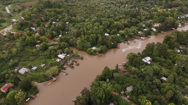 Aerial view of jet ski the Delta of Tigre creek in Buenos Aires.