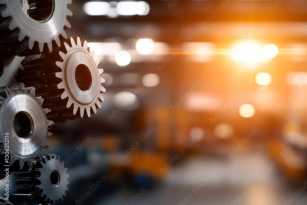 Poster Low-angle view highlights towering interlocking gears with a reflective surface, emphasizing craftsmanship in a dim industrial setting. Copy space available for text