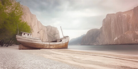 Dramatic coastal landscape with abandoned wooden boat on sandy beach against majestic rocky cliffs and cloudy sky. The weathered vessel creates nostalgic atmosphere in this serene natural setting