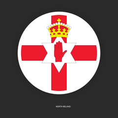 North Ireland circle flag icon with shadow on dark background. North Ireland button icon with white border isolated dark grey background