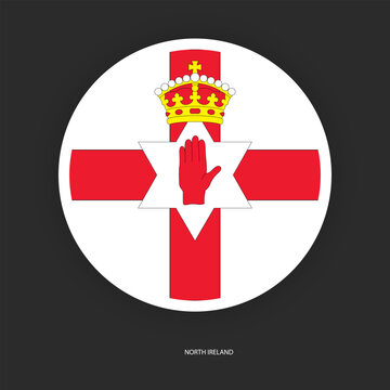 North Ireland circle flag icon with shadow on dark background. North Ireland button icon with white border isolated dark grey background