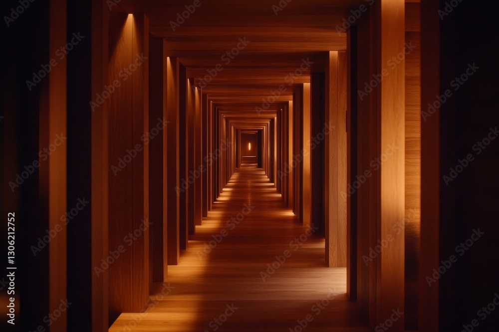 Aufkleber A modern hallway showcases repeating triangular wall patterns illuminated by recessed lighting, guiding the gaze toward a distant vanishing point, with ample copy space