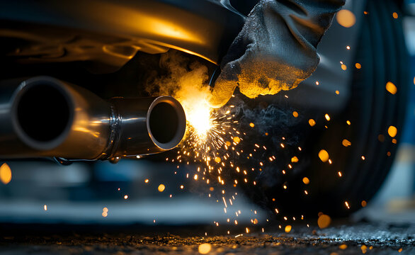 Expert car mechanic welding exhaust pipe with safety equipment and bright sparks
