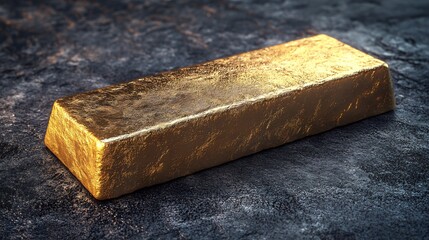 Gleaming gold bar rests subtly on dark textured surface Warm light enhances rich color. AI Generated