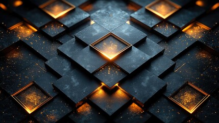 Abstract Golden Cubes Glowing Dark Background