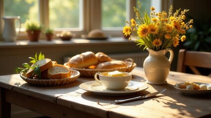 Warm morning sunlight illuminates a rustic wooden table setting, featuring freshly baked bread, a cup of steaming beverage with butter, and a charming bouquet of yellow flowers in a pitcher.