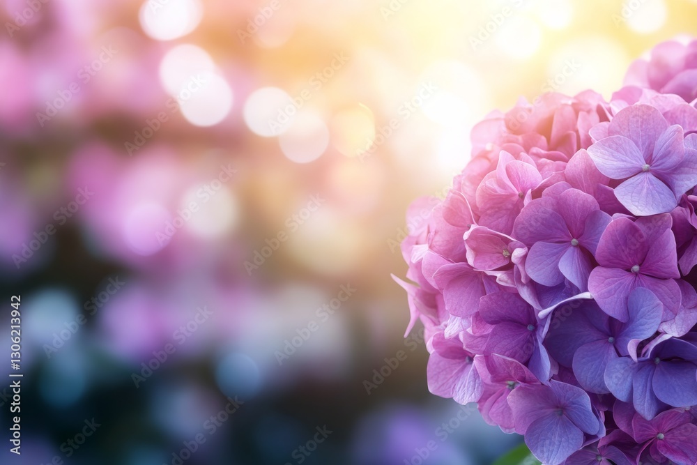 Poster A close-up view reveals a lush pink hydrangea blossom set against a softly blurred pastel backdrop, with ample space for adding personalized text or messages