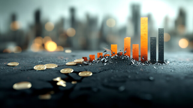 A digital representation of financial growth, featuring colorful bar charts amidst scattered coins, symbolizing investment and economic trends.