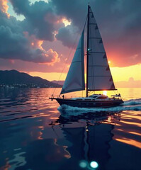Fototapeta premium A majestic sailing yacht gliding through bioluminescent waters at twilight, with a sky ablaze in vibrant hues and distant silhouettes of mountains.
