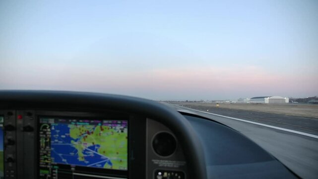 Pilot View Taking Off from the Runway at Dawn - POV
