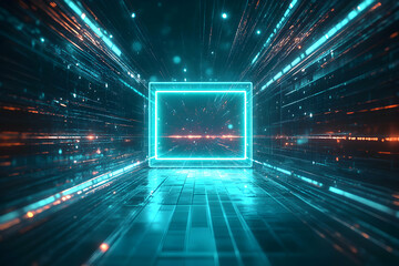 Futuristic technological tunnel with neon light trails and glowing cube