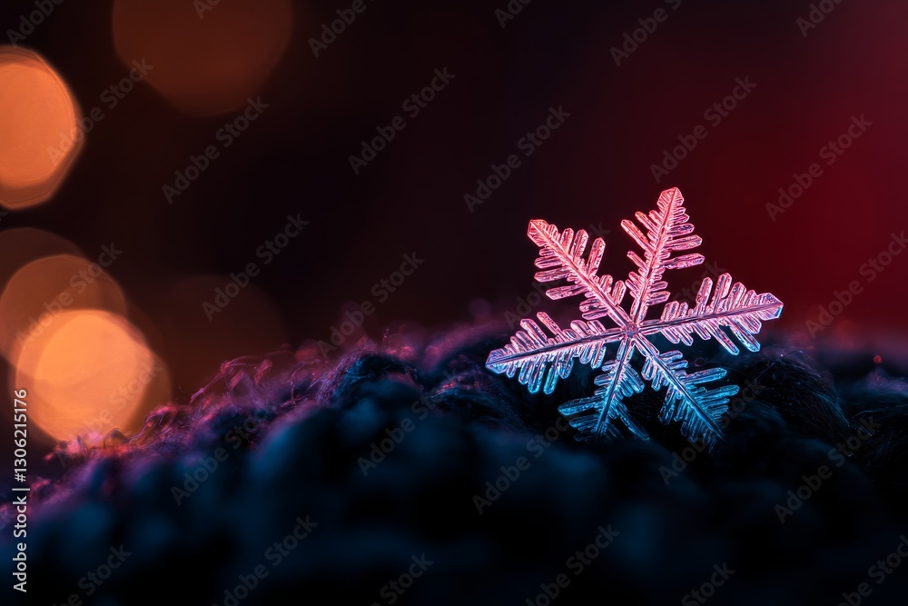 Poster intricately designed snowflake rests gently on dark woolen fabric, showcasing crystalline structure.