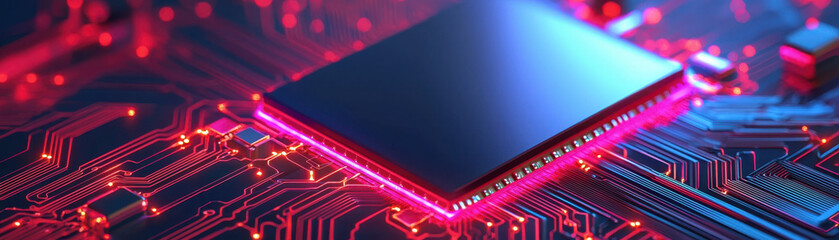 Quantum computing and creativity, Futuristic AI assisted quantum chip on vibrant circuit board