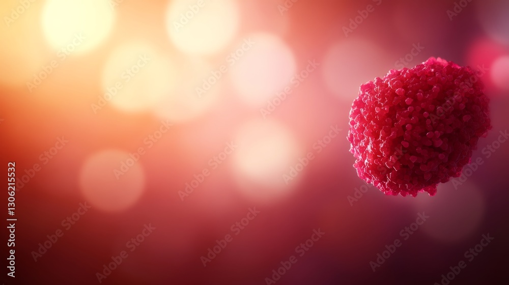 Poster a vibrant microbial cell displays intricate textures and colors, set against a blurred backdrop, ill