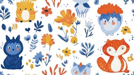 Seamless pattern featuring foxes and flowers in a whimsical design suitable for textiles and wallpapers