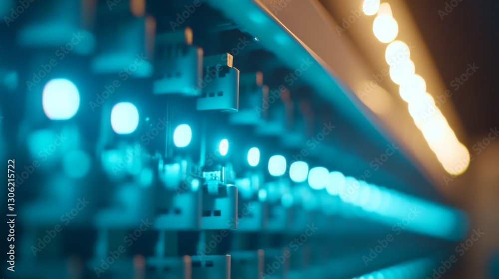 Poster close-up of a motherboard featuring dense circuitry and luminous connections, highlighted by blue an