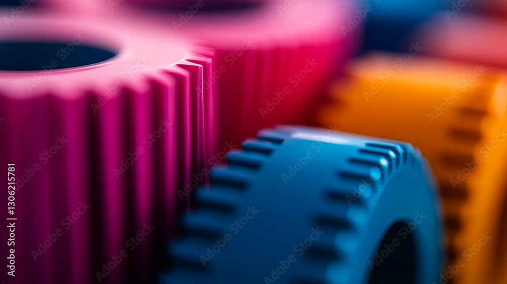 Poster Colorful gears in bright primary shades are interlocked in a circular pattern, exhibiting polished surfaces and precise alignment with ample copy space on the right