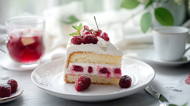 A dish of chou cream and a glass of stawberry chease cake with a cup