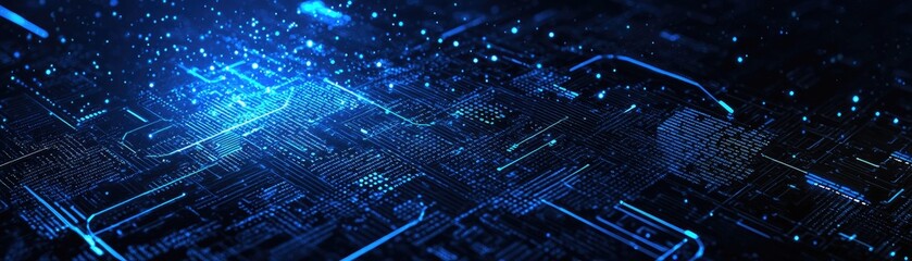 Obraz premium Futuristic digital circuit board; data streams; glowing blue; tech background; website banner