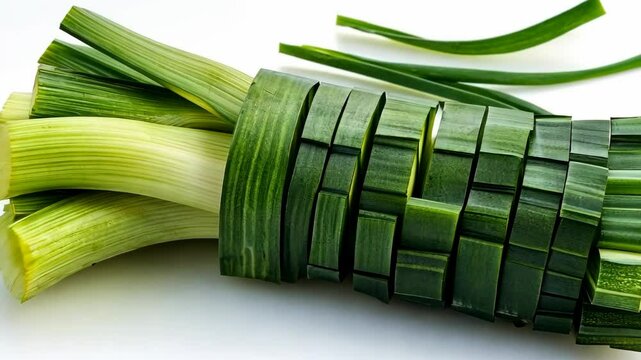 Freshly chopped green leeks arranged neatly on a white surface, showcasing vibrant colors and textures of each piece