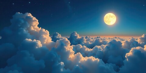 Serene Night Sky Above a Sea of Clouds, Illuminated by a Radiant Full Moon, Creating a Dreamlike Atmosphere