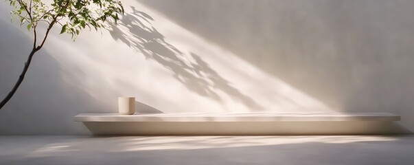 3D table and wall in an empty studio room. Podium against a white wall. Tabletop surface for product presentation. Platform with concrete texture for beauty advertising.