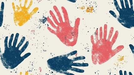 Colorful handprints on a white background creating a vibrant artistic display of childrens creativity