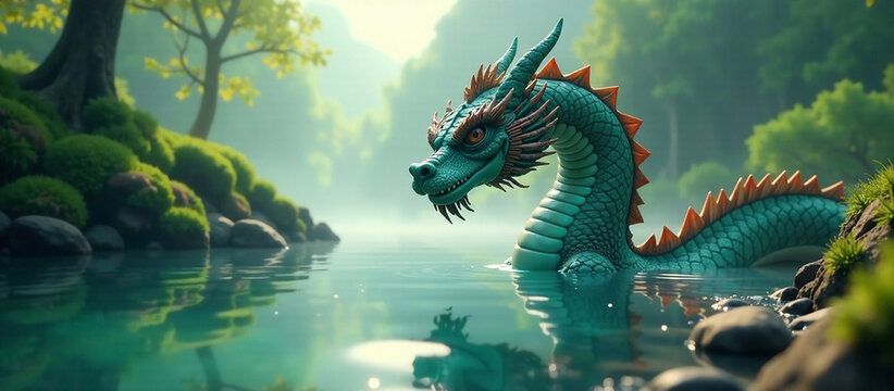 A majestic Taniwha emerges from crystal-clear waters, adorned with vibrant Maori patterns, surrounded by mystical mist and lush, green forest, reflecting the essence of ancient legends.