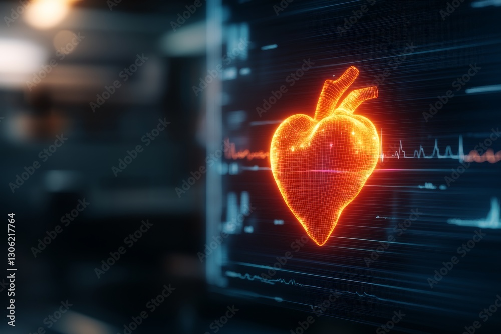 Poster a glowing holographic heart radiates with dynamic pulse waves, set against a sleek black backdrop il