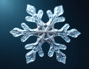 An intricate close-up of a crystalline snowflake, showcasing its unique geometric patterns, shimmering softly against a deep blue background.